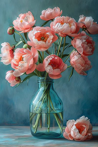 Delicate peonies in a glass vase on a wooden table by Poster Art Shop