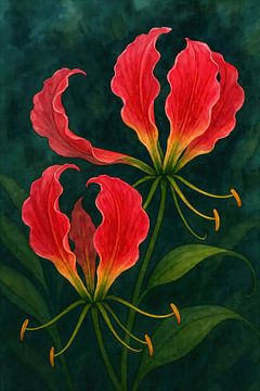 Rote Blüten von Gloriosa superba (AI) (Flammenlilie, dunkler Hintergrund, schöne tropische Blume) von Natalie Bruns