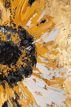 Dynamische abstracte zonnebloem in goud en zwart van De Muurdecoratie