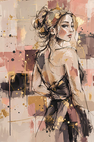 Luxury art – woman in dusky pink and taupe with gold details