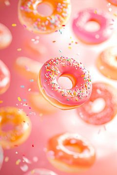 Drijvende kleurrijke donuts in focus van Poster Art Shop