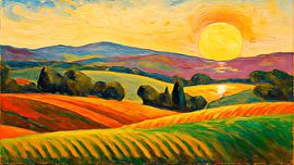 Sonnige toskanische Hügellandschaft bei Sonnenaufgang von Studio Pieternel