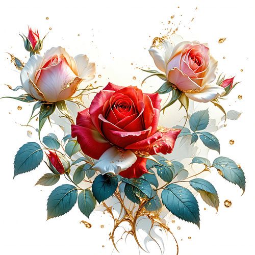 Des roses majestueuses dans leur floraison à l'éclat doré - Un jeu poétique de couleurs, de lumière et d'élégance fluide (1 de 3)