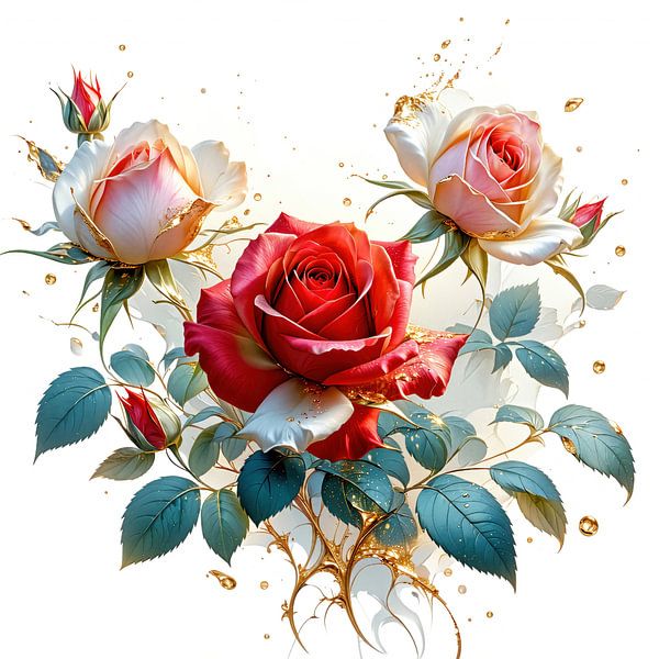 Des roses majestueuses dans leur floraison à l'éclat doré - Un jeu poétique de couleurs, de lumière et d'élégance fluide (1 de 3) par AidasignArt