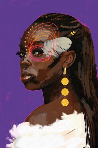Portret van een afrikaanse vrouw met prachtige gouden oorbellen en witte veer