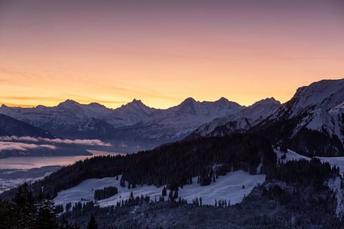 Sicht auf die bekannten verschneiten Berge Schreckhorn, Eiger und Thunersee im Winter bei Sonnenaufgang