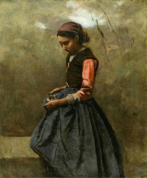 Een Pensief Meisje, Jean-Baptiste Corot van Meesterlijcke Meesters