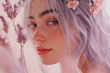 Vrouwelijk portret met bloemenkrans van Poster Art Shop