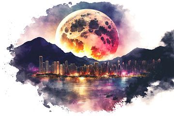 Volle maan boven Hongkong van Vlindertuin Art