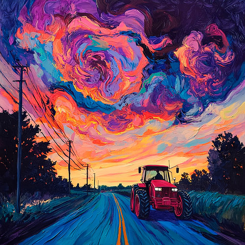 Landschaft bei Sonnenuntergang mit Traktor
