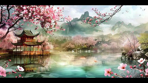 schilderachtig Japans landschap met tempel