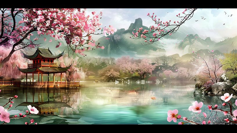 schilderachtig Japans landschap met tempel van Egon Zitter