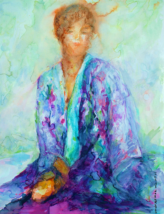 Geisha in lilac blue kimono. Hand-painted by <span class="secondary-font">Ineke de Rijk</span>