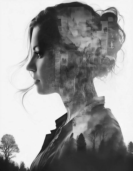 Double exposure, vrouw, natuur, media... van Ans Bastiaanssen