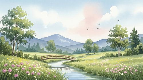 Aquarel schilderij van landschap met beek, brug en berg