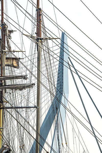 Ship masts in front of Rotterdam's Erasmus Bridge by Harrie Muis