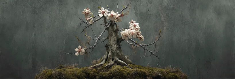 Almond blossom bonsai on rough stone base still life panorama by Digitale Schilderijen