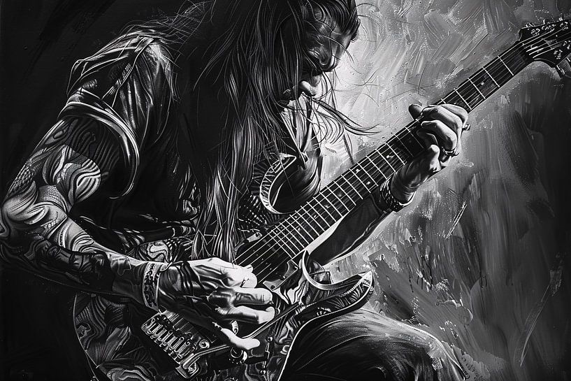 Detailed black-and-white portrait of guitarist by Imperial Art House
