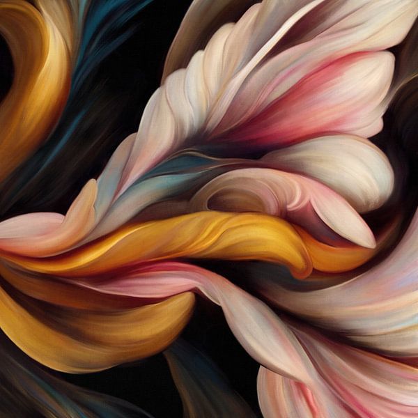 "Dansen met kleur", abstract botanisch schilderij van Studio Allee