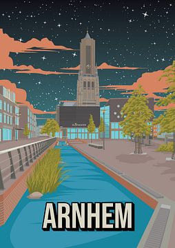 Arnhem Stijlvolle Nachtposter – Kunstzinnige Illustratie van de Stad bij Sterrenlicht van Jorn van Hezik