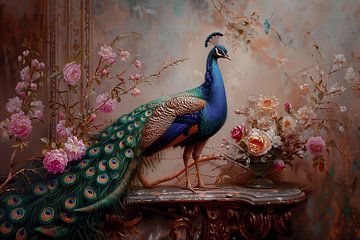 Graceful peacock among flowers by Thea