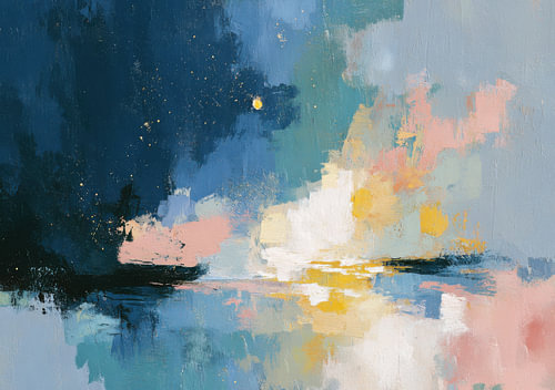 Abstract landscape with a starry sky and coastal reflection