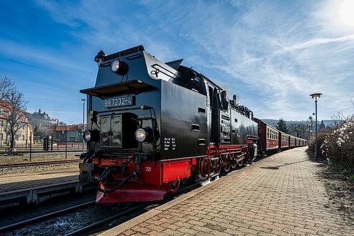 Een blik op de stoomlocomotief van de Harzer smalspoorlijn