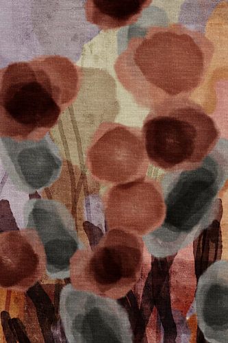 Abstracte botanische kunst. Bloemen in mokka mousse bruin, warm grijs en warm groen.