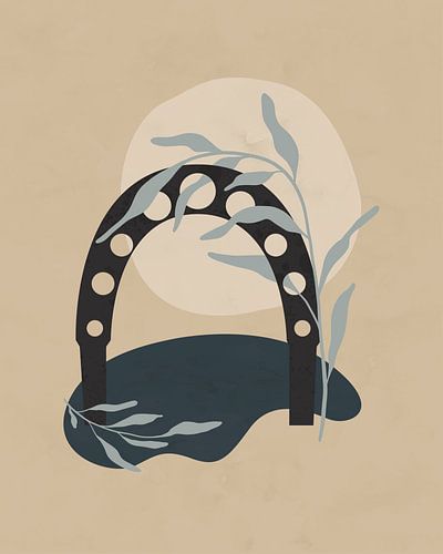 Minimalistisch landschap met een poortboog in donkerblauw