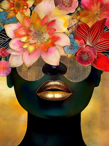 Modern portret van een donkere vrouw met bloemen