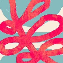 Red floral shapes on white and light blue. Modern colorful abstract. by Dina Dankers