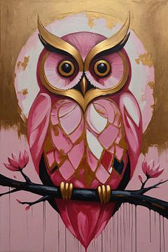 Owl with Golden Background and Pink Feathers by De Muurdecoratie