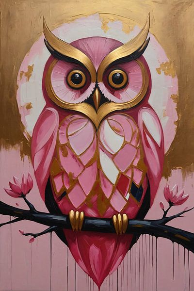 Eule mit goldenem Hintergrund und rosa Federn von Art & Soul Creations