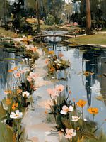 Path with flowers to wooden bridge in nature
