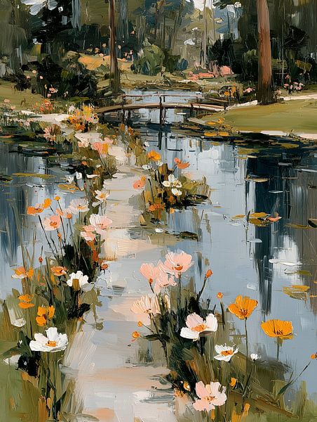 Path with flowers to wooden bridge in nature by Lina van Oers