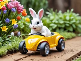 süßer weißer Osterhase in einem Spielzeugauto im Garten von Markus Gann