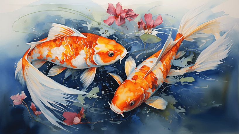 magnifiques poissons Koi dans un étang en design d'art aquarelle par Animaflora PicsStock