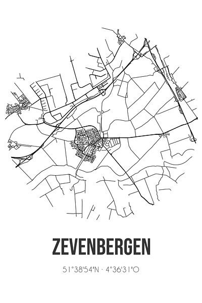 Zevenbergen (Noord-Brabant) | Map | Black and white by Prints of Place