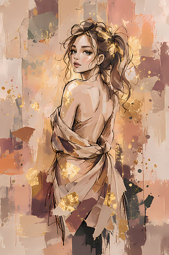 Artwork depicting a woman in a shade of old pink with gold leaf details