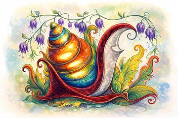 Fantasie slak tussen bloemen