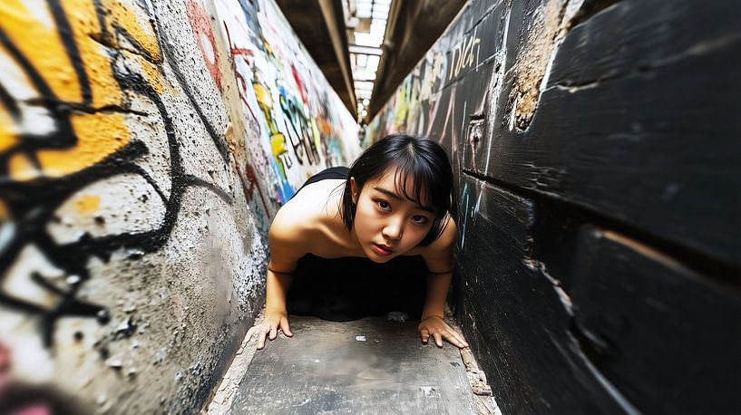 Junge Frau in engen Gassen voller Graffiti von Frank Heinz