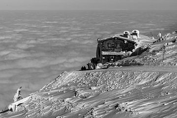 On top of the Untersberg above the clouds black and white