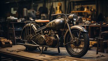 Vintage motorfiets in oude hangar retro ontwerp van Animaflora PicsStock