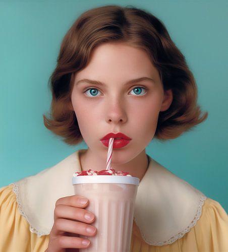 Girl with blue eyes and a 1950s-style milkshake