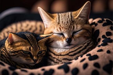 Schwarzfußkatze und Katze schlafen bequem im Körbchen von Surreal Media
