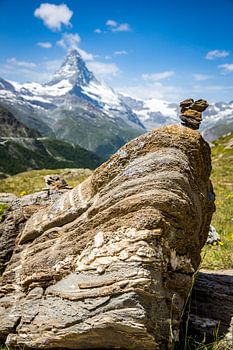 Stone Cairn with Matterhorn in the Swiss Alps