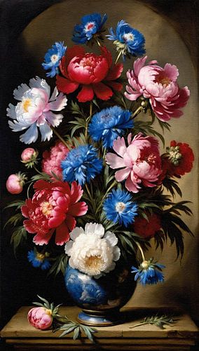 Stilleven pioenrozen en korenbloemen oude meester stijl