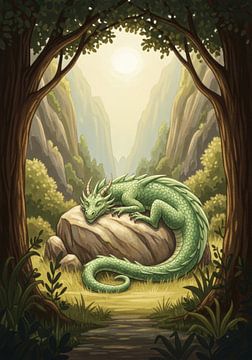 Slapende groene draak op rots in bos