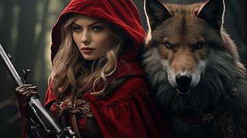 Mystieke vrouw met rode mantel en wolf van Animaflora PicsStock
