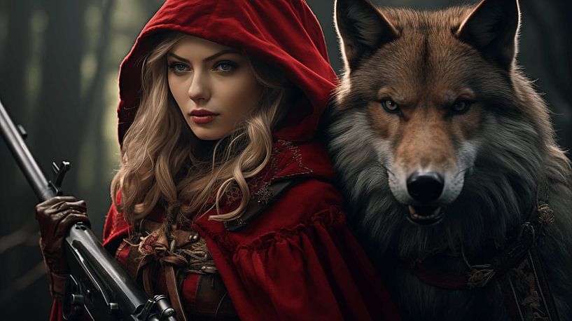 Mystische Frau mit rotem Umhang und einem Wolf von Animaflora PicsStock